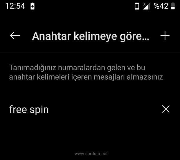 SMS engellenenler listesine yeni anahtar kelime ekle