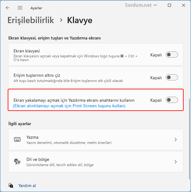PrintScreen tuşu ekran Alıntısı aracını açmasın