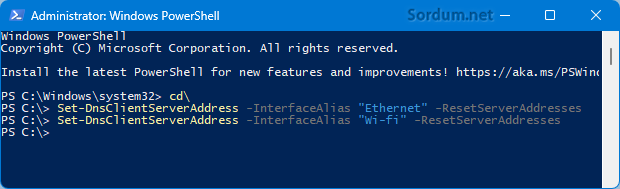 DNS sıfırlama Powershell kodları