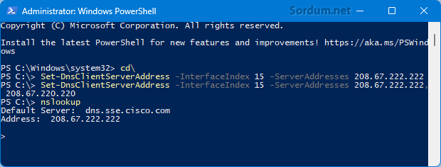 Powershell komutları ile birincil ve ikincil DNS değiştir