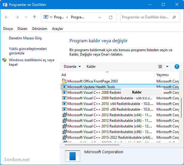 Program kaldırma ekranı
