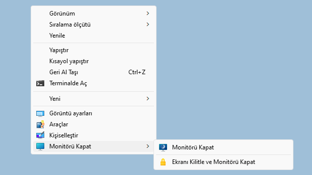 Sağ tuşa monitörü kapat özelliği ekle