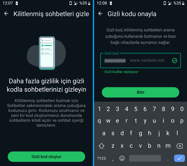 Gizli kod gir ekranı