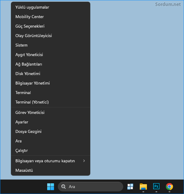 Windows x menüsü varsayılan bileşenleri