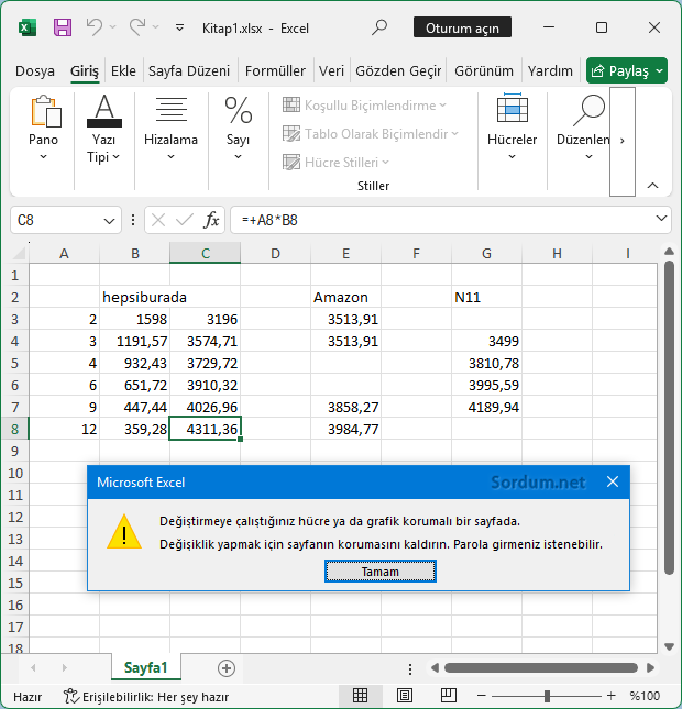 Excel sayfa koruma uyarısı