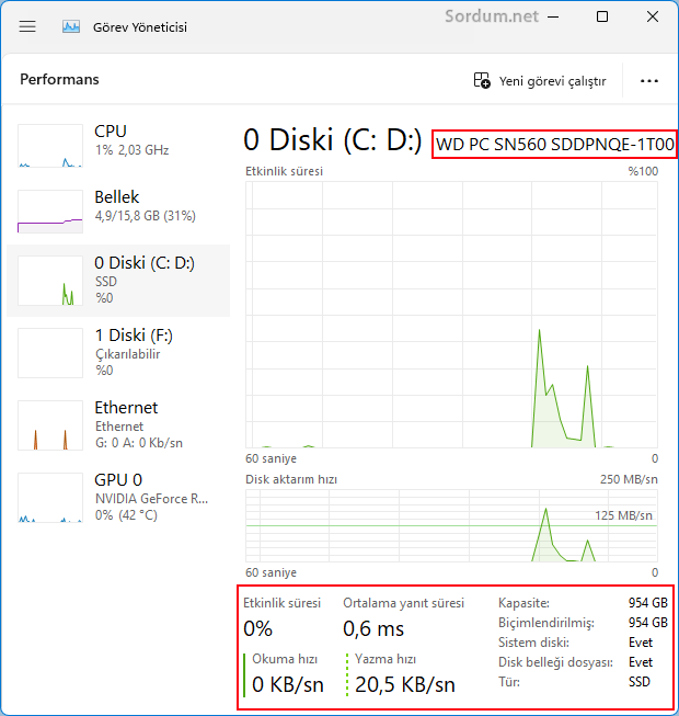 Görev yöneticisinde SSD kapasitesi ve türü