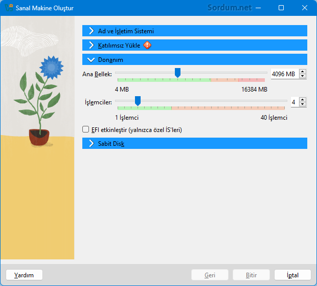 Virtual Box ta sanal sabit disk oluştur