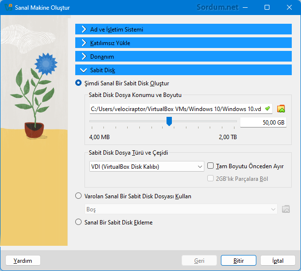 Virtual box sanal sabit disk seçenekleri