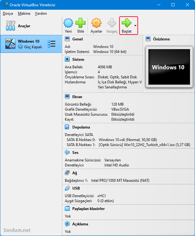 Virtual box ta yeni makinayı başlat