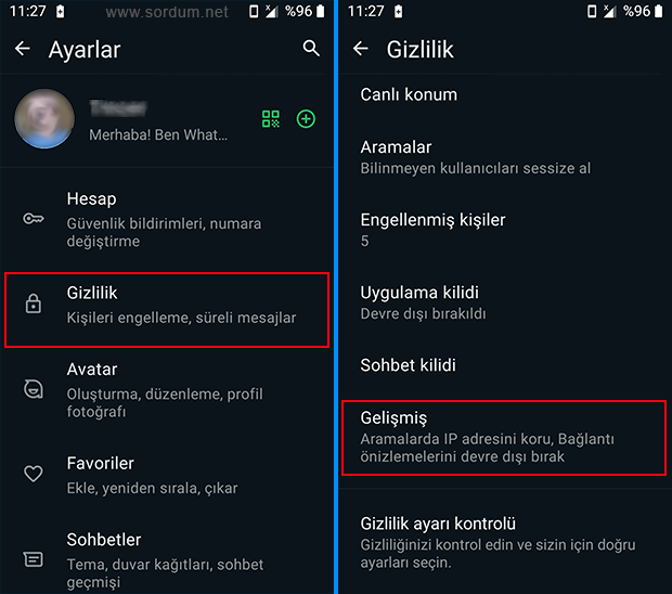 WhatsApp Gizlilik - gelişmiş
