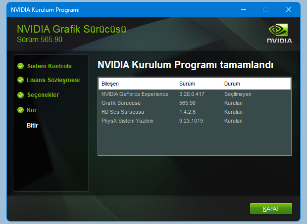 Nvidia Temiz kurulum