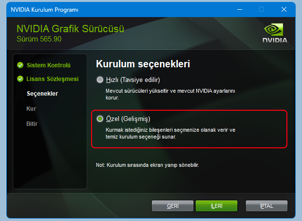 Nvidia Özel gelişmiş seçeneği