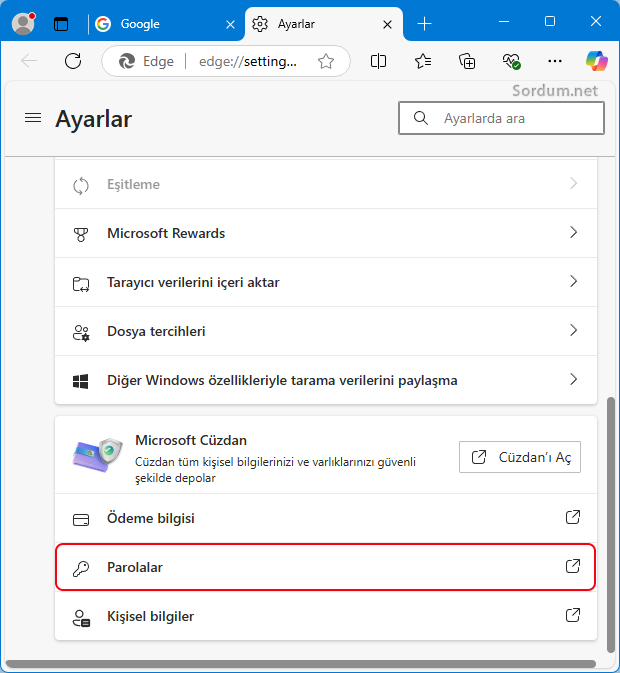 Microsoft EDGE parolalar