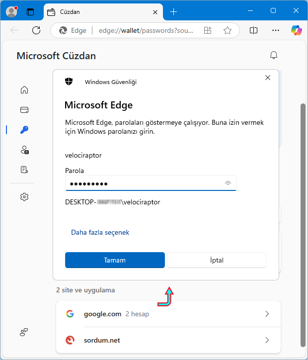Edge Şifrelerini görüntülemek için Windows şifresini gir