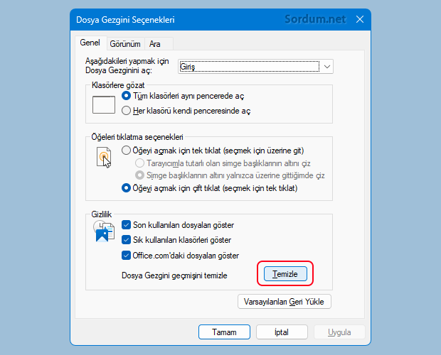 Dosya gezgini geçmişini temizle