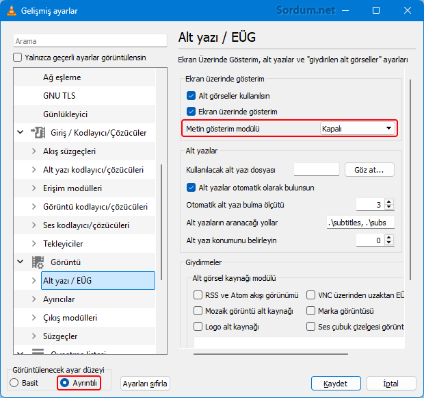 VLC de Alt yazı metin gösterim modu