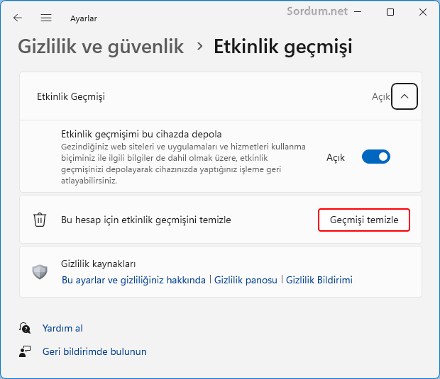 Etkinlik geçmişini temizle