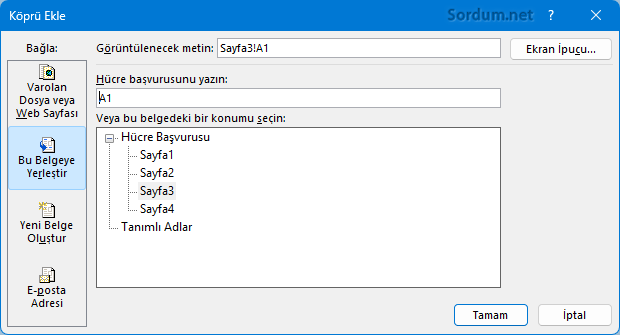 Excelde aynı sayfadaki bir hücreye link