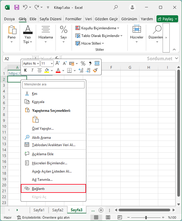 Excel de bağlantı oluştur