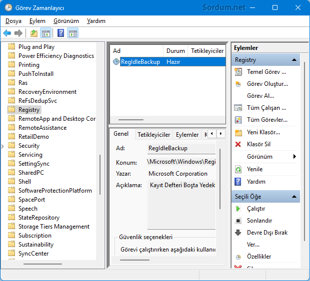 Görev zamanlayıcıda Registry yedeği