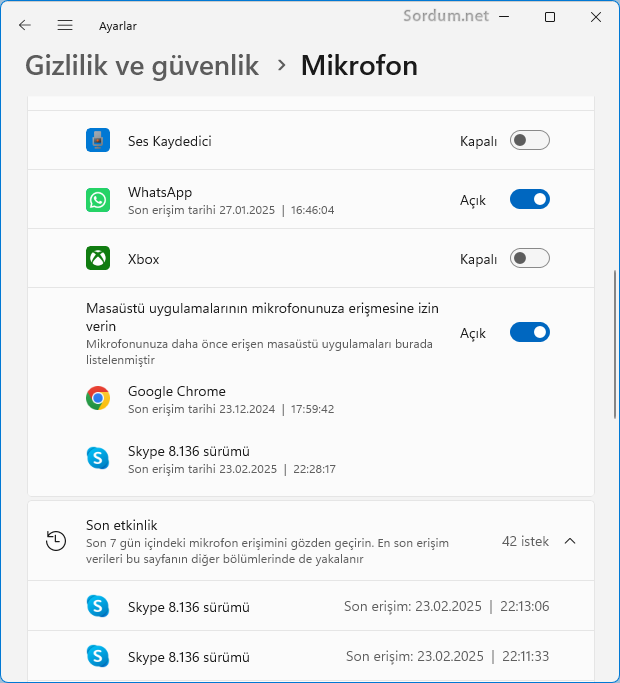 Mikrofona erişen uygulamalar
