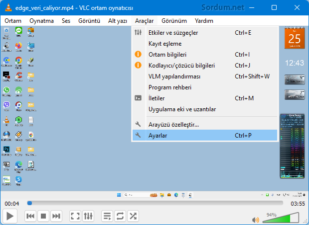 VLC - Araçlar - Ayarlar
