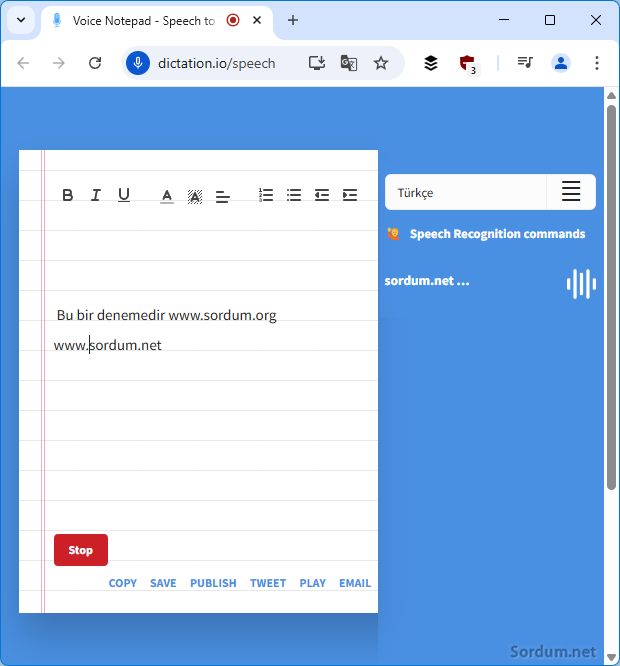 dictation.io ses kaydı başlatma