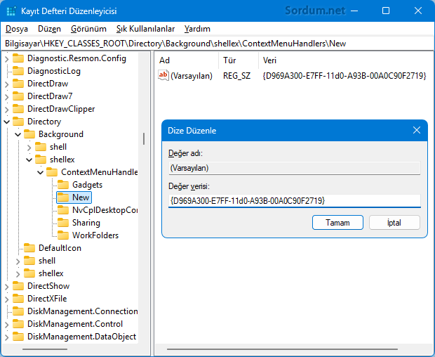 Sağtuş yeni registry kaydı
