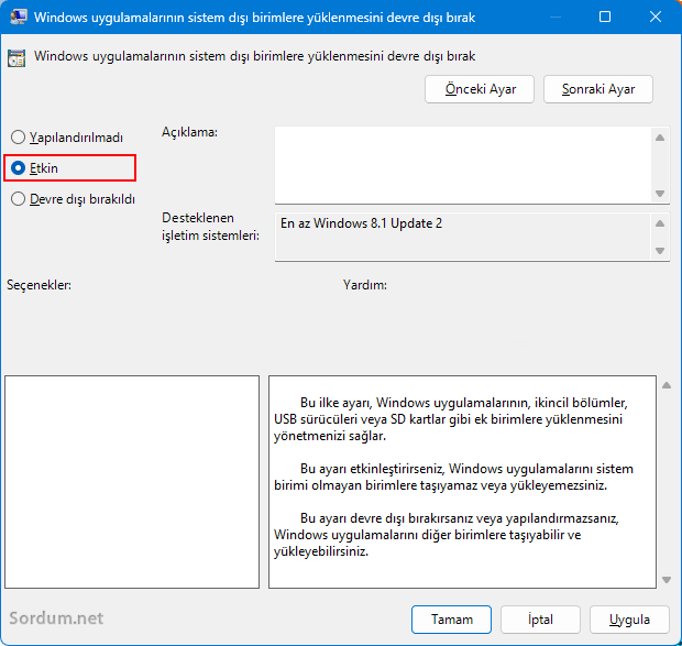 Sistem dışı birimlere uygulanama yüklenemesin Sistem dışı birimlere uygulanama yüklenemesin