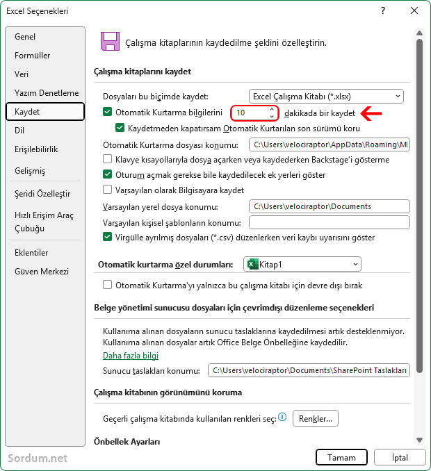 Excel Otomatik kaydetme süresi