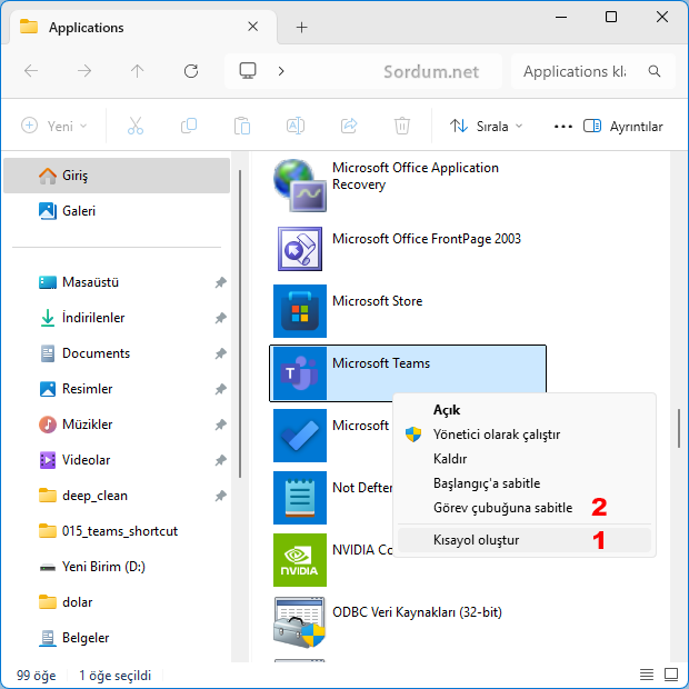 Apps folder klasöründen Teams kısayolu oluştur