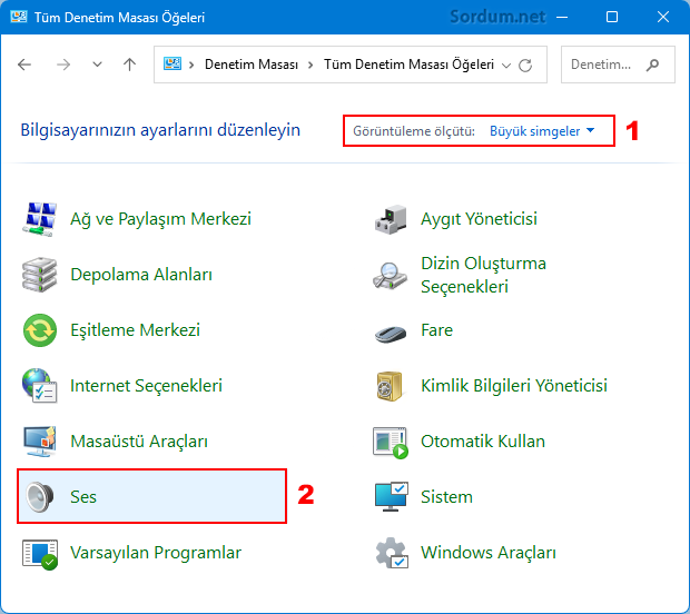 Denetim masası ses ayarları