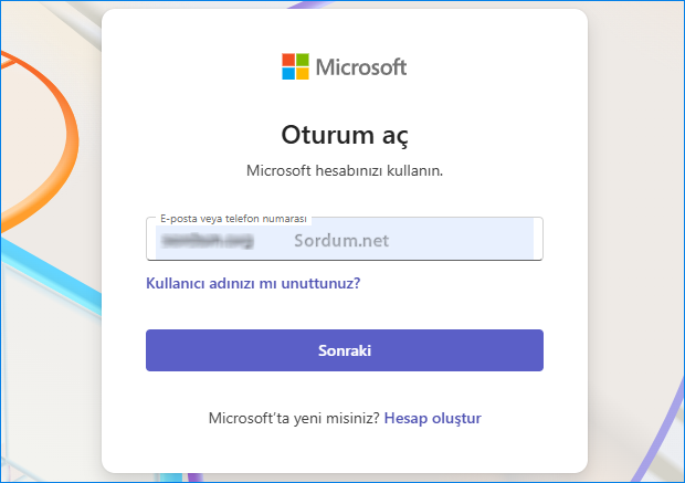 Teams oturum aç ekranı