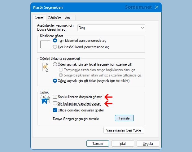 Son kullanılan Dosya ve Klasörleri göstermesin