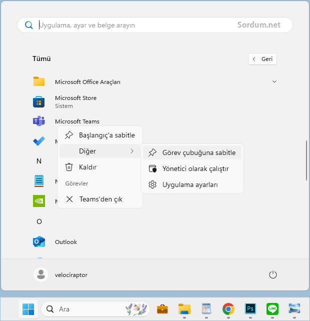 Microsoft Teams ikonunu görev çubuğuna sabitle