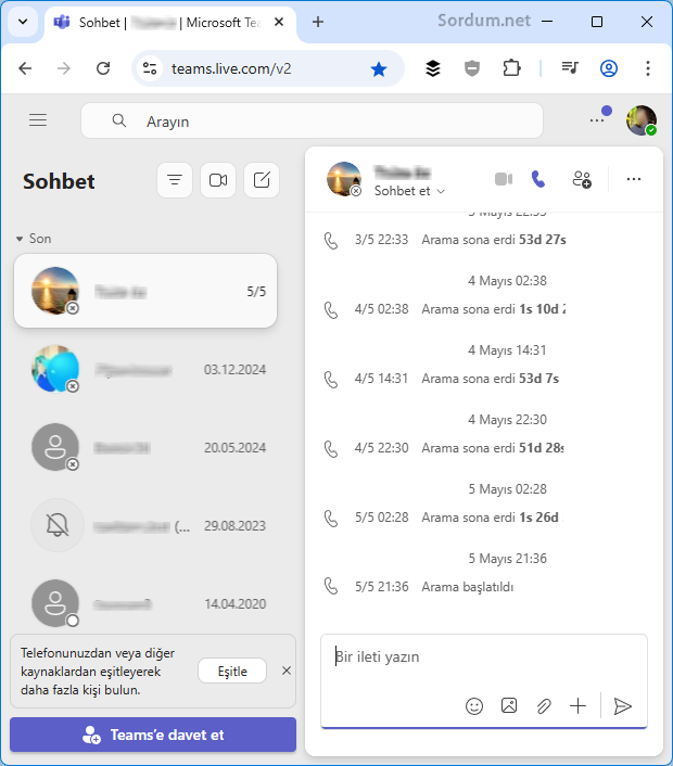Teams Sohbet ekranı