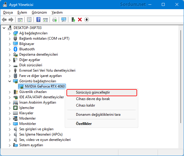 Aygıt yöneticisi üzerinden sürücüyü güncelle