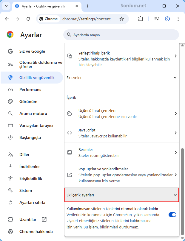 Google chromede ek içerik ayarları Google chromede ek içerik ayarları