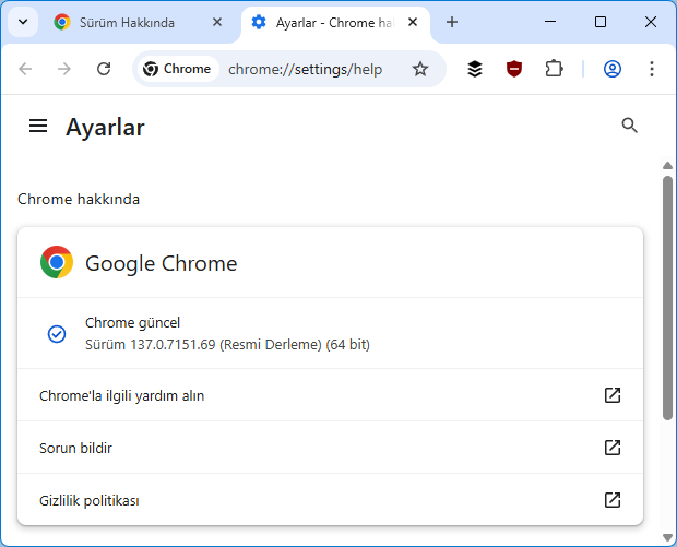 Google chrome sürüm bul