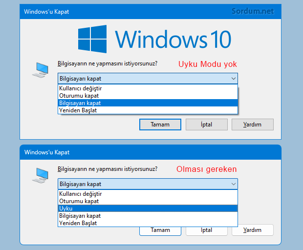 Uyku modu seçeneği eksik