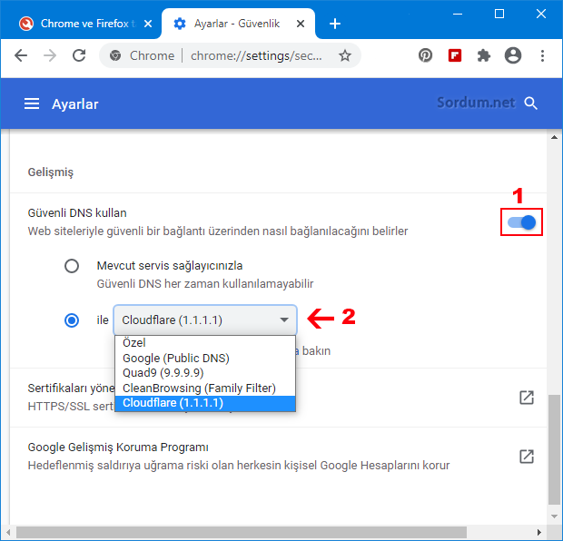 Chromede DOH seçimi