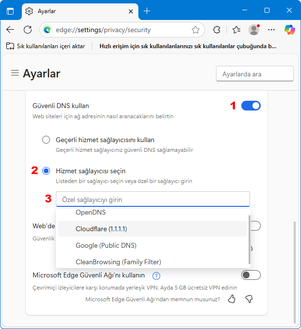 Chromium edge de güvenli dns (DOH)