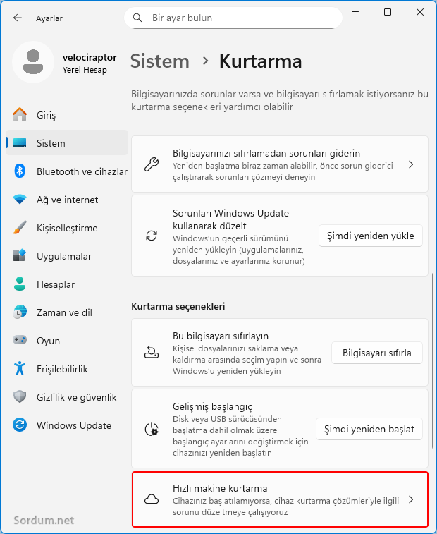 Hızlı Makina kurtarma
