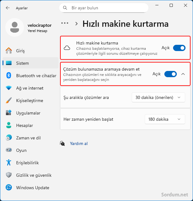 Hızlı makina kurtarma ayarı