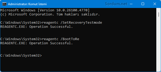Hızlı makina test modunu komutla aktif et 