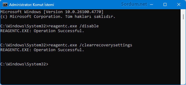 Hızlı makina kurtarma test modunu komutla devre dışı bırak