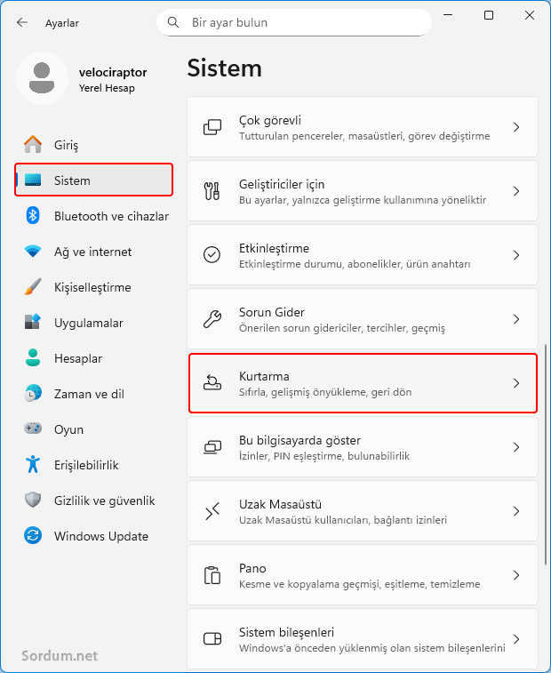 Ayarlar - Sistem - Kurtarma