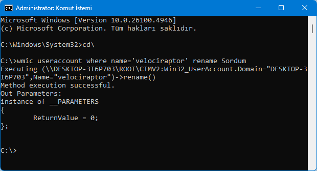 Cmd komutu ile kullanıcı ismi değiştir