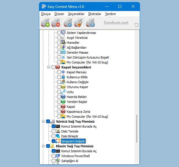 EC menudeki dizin simgesi değiştir özelliği