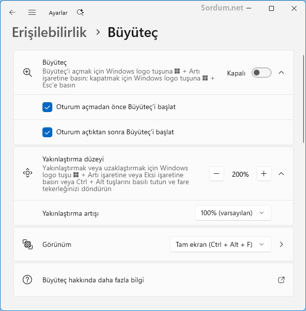 Büyüteç ayarları Büyüteç ayarları